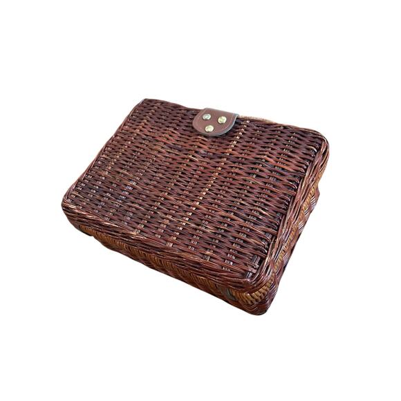 Vintage Brown Rattan Box Purse / Wicker Picnic Basket Case - - Picture 4 of 4